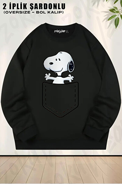 ZOKAWEAR Cep Snoopy Printed Crew Neck Sweatshirt
