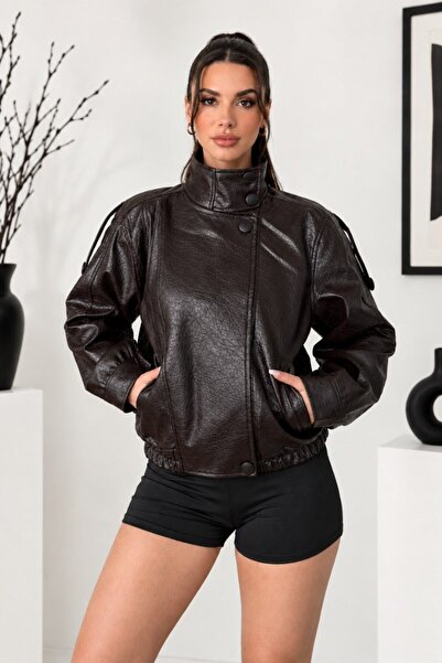 Potenza Women's Leather Jacket Oversized Stand Collar Double Pockets Zipper B...
