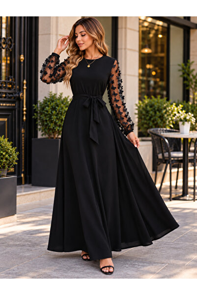 Kokosh moda Women's Butterfly Detailed Tulle Sleeves Belted Long Crepe Dress