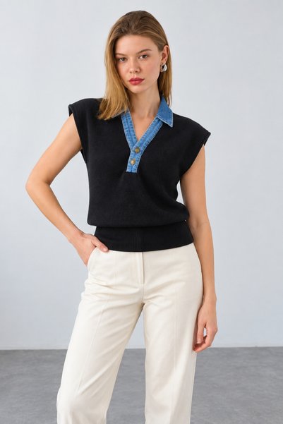 Lupies Women's Black Collared Sleeveless Knit Sweater with Denim Detail