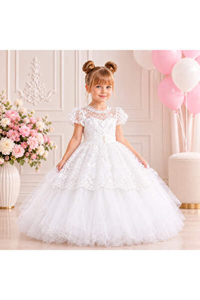 SÜSLÜ PİNK KİDS KIZ ÇOCUK ABİYE ELBİSE, DANTEL KOLLU TARLATANLI GELİNLİK, PRE...