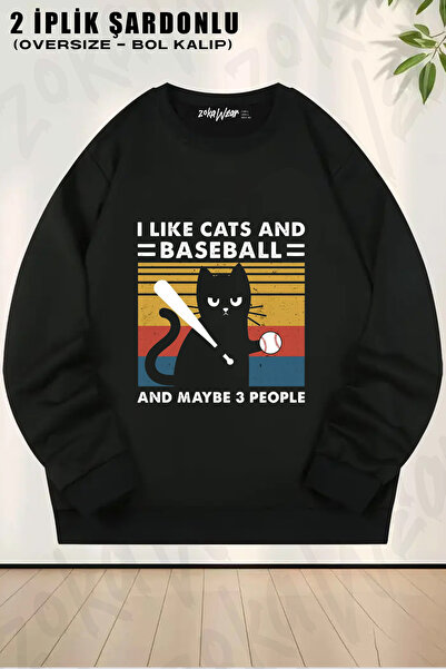ZOKAWEAR I Like Cats and Baseball Mizahi Retro Printed Crew Neck Sweatshirt