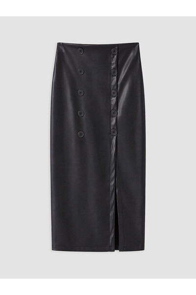 LC Waikiki Alita City Lcw Vision Black Faux Leather Plain Midi Women's Skirt ...