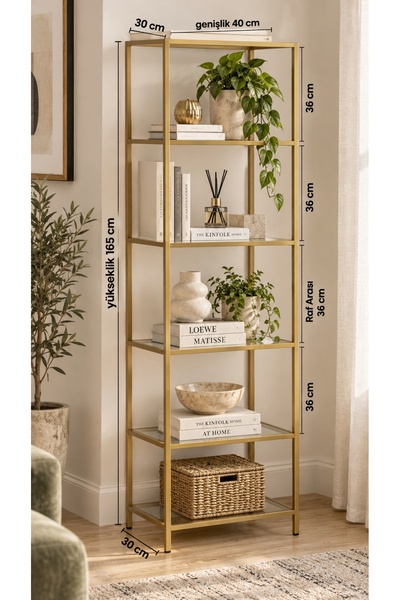 Teknor Gold Çerçeveli Şeffaf Cam Modern Salon Kitaplığı 40 cm