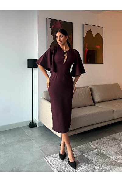 FLOWERİNG Women's Plum Collar Buttoned Accessory Cape Slit Midi Dress