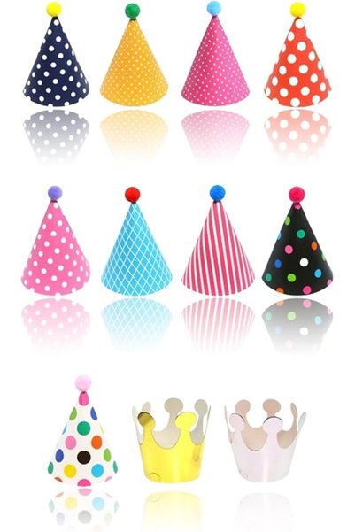 Honwor Colorful Party Hats Set for All Ages - 9 Cone Hats + 2 Crowns with Pom...