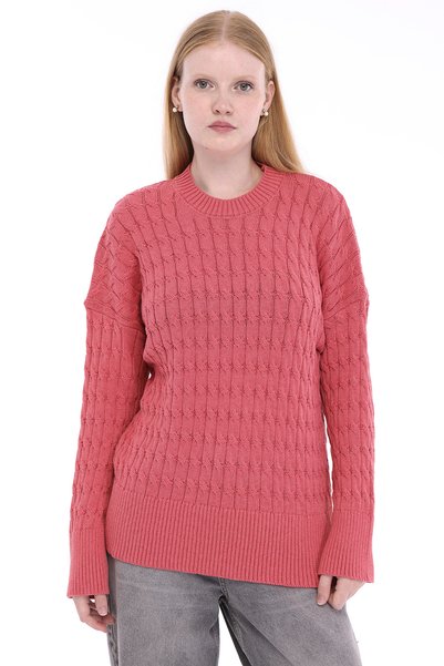 Trist Star Pink Women's 100% Cotton Hair Knit Patterned Crew Neck Oversize Kn...
