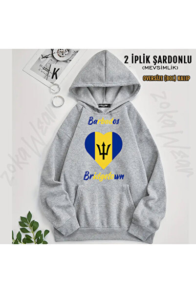 ZOKAWEAR Bridgetown Barbados Flag Heart Printed Hooded Sweatshirt