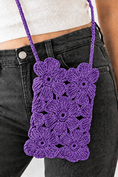 edirneörgü Paper String Hand-Knitted Flower Motif Phone Bag