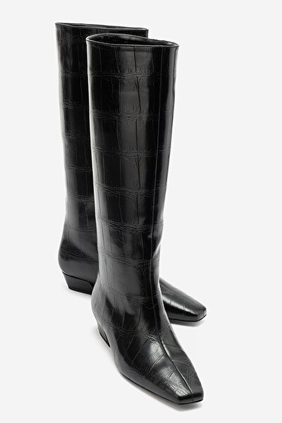 LuviShoes LYRIC Siyah Baskı Kadın Kalın Topuklu Çizme