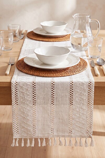 Rivaİstanbul Ecru Regina Cotton Tasseled Runner 35X145 cm