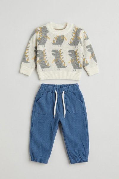 zumino Dinosaur Patterned Knitwear Sweater Jogger Pants Baby Boy Set