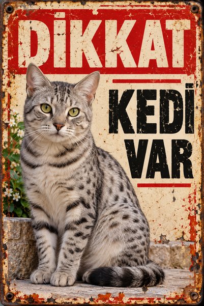 Lucena Caution Cat Is Present Spotted Grey Cat Retro Metal Wall Sign 15X20 cm