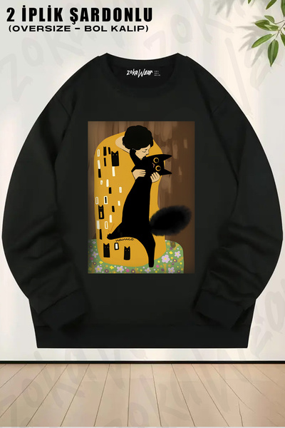 ZOKAWEAR Cat Kiss Cat Printed Crew Neck Sweatshirt