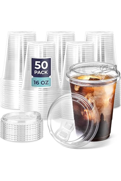 Fit Meal Prep Pack of 50 16oz Clear Plastic Cups with Lids Without Straw, Dis...