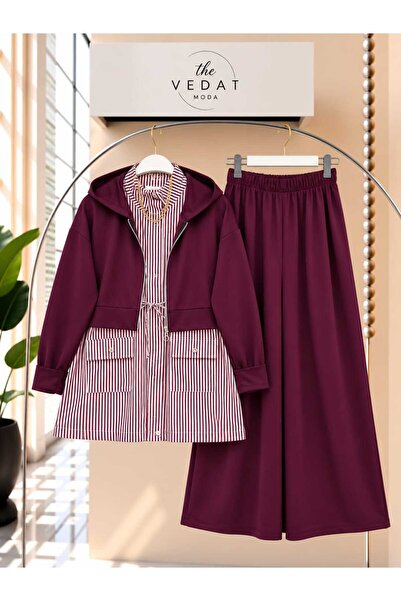 MODA VEDAT Women's 3-Piece Striped Detailed Double Pocket Trouser Set -0800