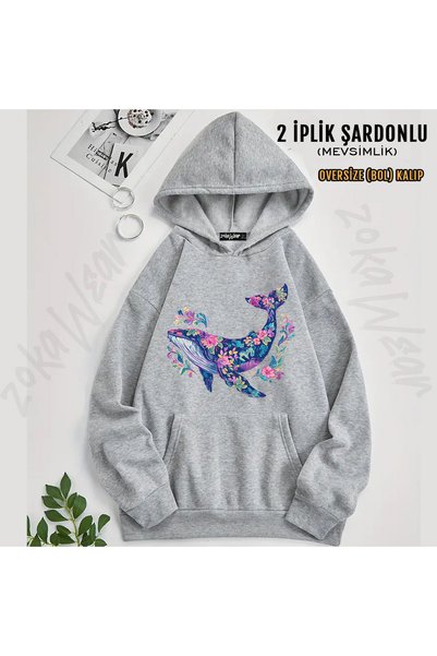 ZOKAWEAR Colorful Fish and Whale Pattern Printed Hooded Sweatshirt