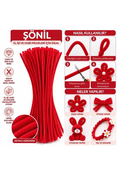 Kanguroom Şönil 31 cm 100 Adet – Tüylü Şönil Çubuk, Hobi ve El İşi Malzemesi Kırmızı