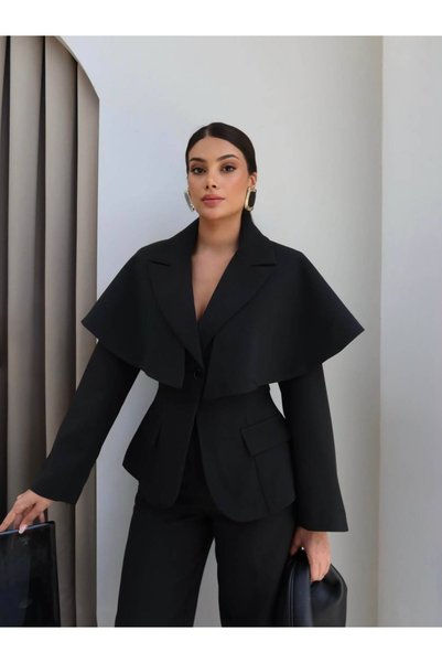 FMN Moda Collared Ruffle Cape Detail Single Button Design Brand Equivalent Premium Series Blazer Jacket Palazzo Pants Three Piece Suit