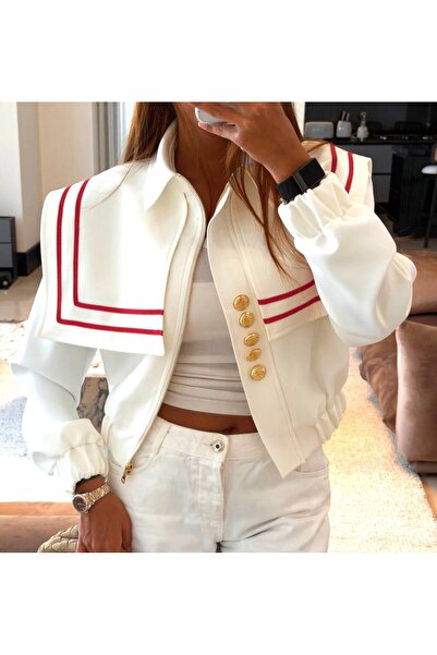 Butik Beyza Μπουφάν Sailor Collar με χρυσά κουμπιά και κοντό σχέδιο