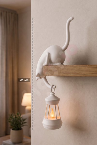 LuisHOME Askılı Kedi Raf Dekoru 24 cm, Dekoratif Kedi Obje, LED Fenerli Teali...