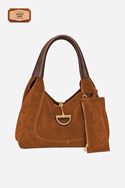Alessia Bag حقيبة كتف نورا كبيرة الحجم من الجلد السويدي الأصلي مع مشبك معدني