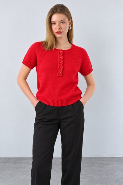 Lupies Women's Red Crew Neck Knit Sweater