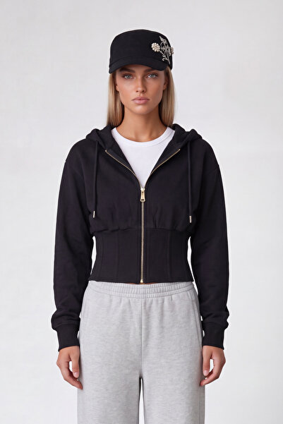 Trend Alaçatı Stili Women's Black Corset Hooded Sweatshirt Alc-X15622