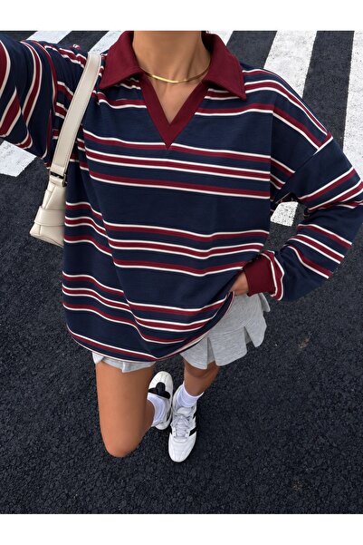 JE-TU Polo yaka Çizgili Oversize Sweatshirt JT9728