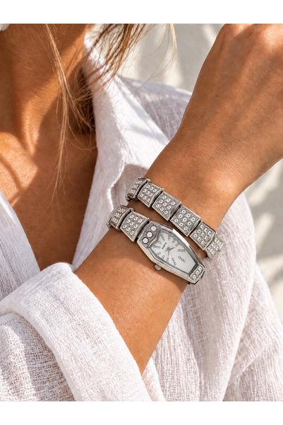 sacha Silver White Wristwatch with Snake Figure and Zircon Stones