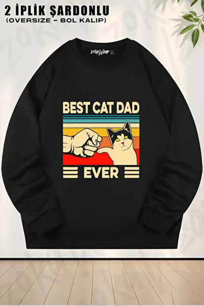 ZOKAWEAR Vintage Best Cat Dad Ever Printed Crew Neck Sweatshirt