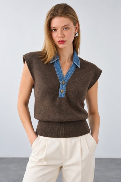Lupies Women's Coffee-Colored Collared Denim Detailed Sleeveless Knit Sweater