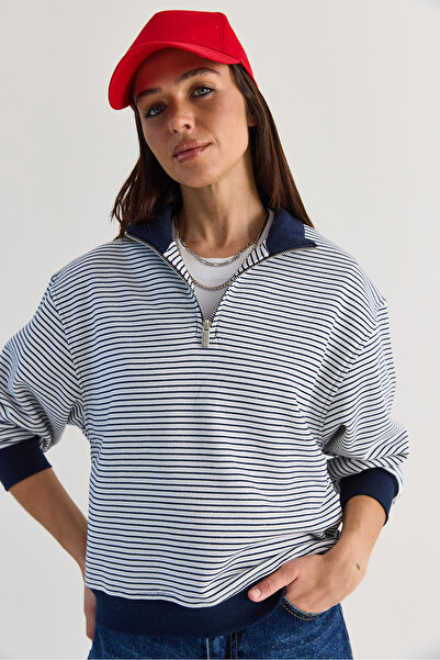 Bianco Lucci Women's Oversize Polo Collar Half Zipper Striped Sweatshirt Ös26...