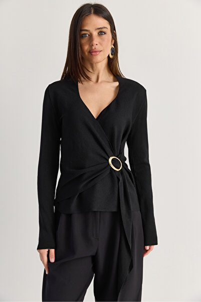 Bianco Lucci Women's V-Neck Waist Buckle Tie Detail Flowy Mercerized Long Sle...