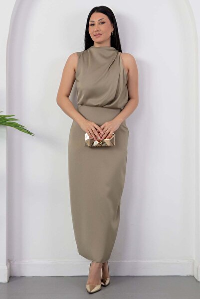 PULLIMM Crew Neck Slit Front Flowy Dress Grs4126