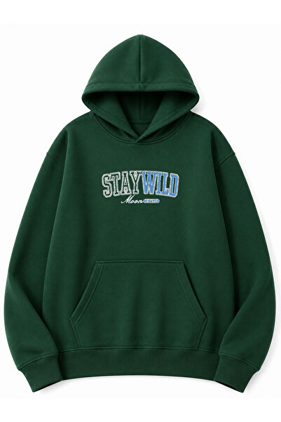 herkesemoda Stay Wild Printed Oversize Sweatshirt with Kangaroo Pocket