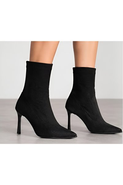 Ornaz Shoes Black Suede Pointed Toe Thin Heeled Stretch Boots