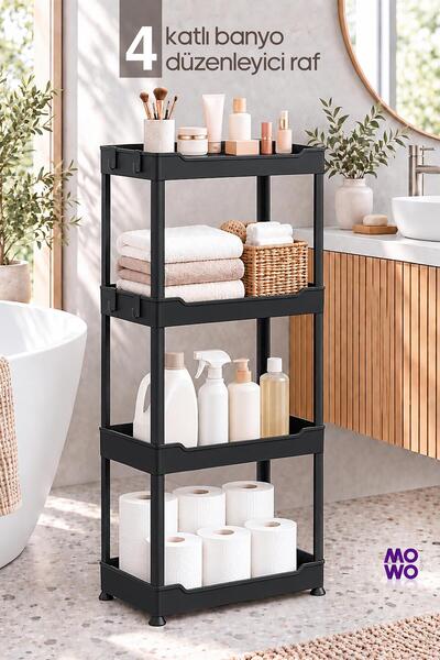 Mowo Home 4 Katlı Siyah Banyo Düzenleyici Raf Sistemi, Makyaj Kozmetik Düzenl...