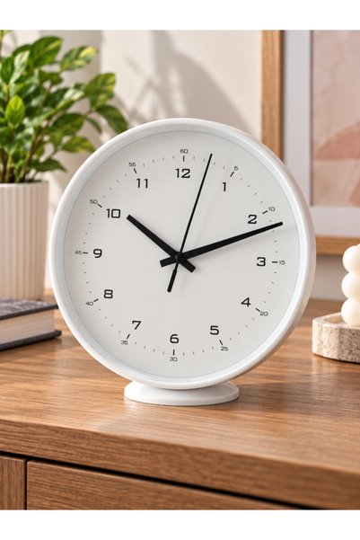 EUROLUXE Masa ve Duvar Saati 20 cm – Beyaz Dekoratif Yuvarlak Saat