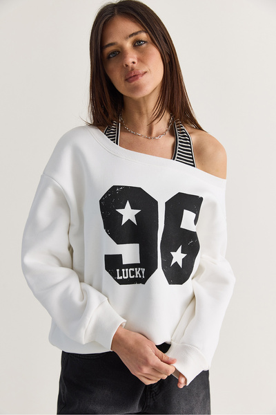 Bianco Lucci Women's 96 Lucky Printed United Athlete Detailed Boat Neck Sweat...
