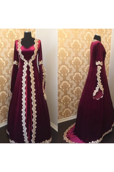 atölyekaftanbutik Burgundy Gold-Tailed Velvet Kaftan Bindallı Size 36 38