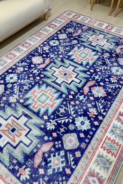 VOPTEKS Vintage Lacivert Bambu Halı Dokuma Taban Kolay Temizlenebilir Halı Sa...