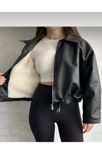 ginger love Women's Faux Leather Short Coat with Plush Lining and Zipper –