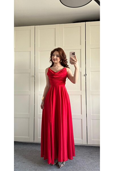 ayşenur Dinçer butik Degaje Gold Detaylı Saten Abiye Kırmızı