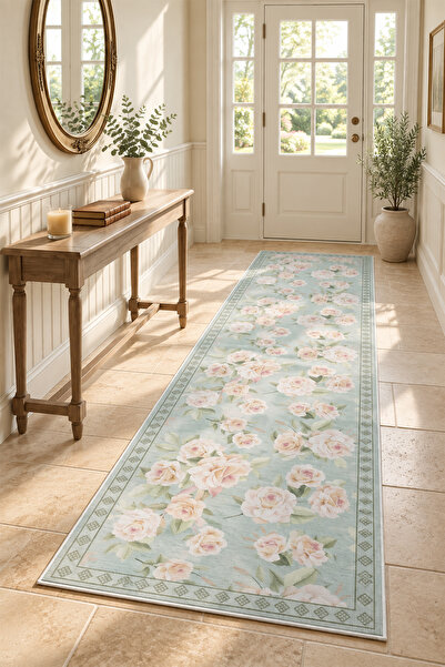 PINKIE HOME Dijital Yıkanabilir Kaymaz Leke Tutmaz Mavi Çiçekli Kesme Yolluk ...