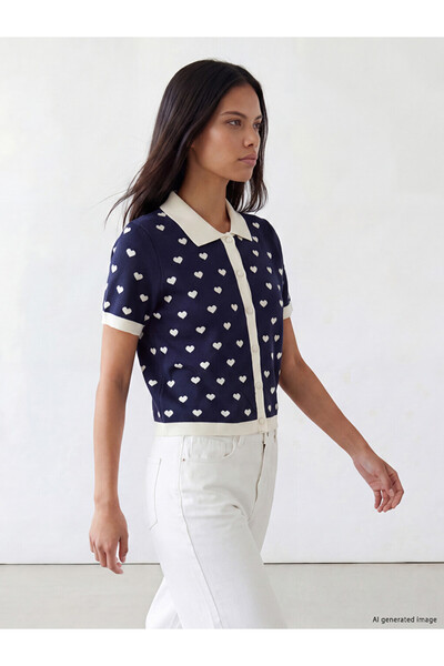 LC Waikiki Vizyon New Season Navy Blue Polo Collar Heart Patterned Women's Kn...