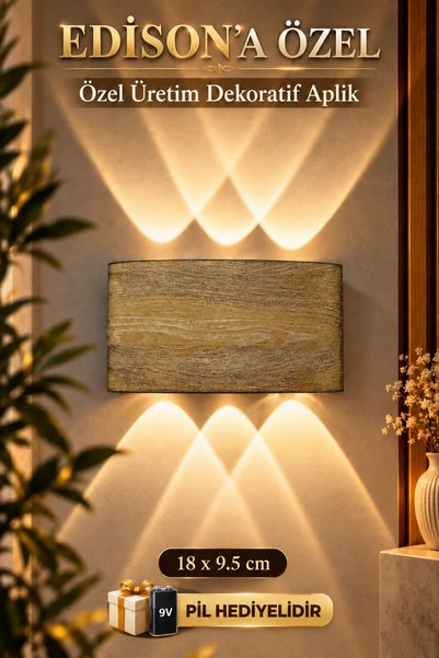 Edison Ahşap Desenli Pilli LED Aplik 9V 10W 700 Lümen Gün Işığı Çift Yönlü Ka...