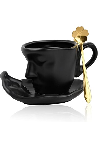 KASTWAVE 3-Piece Ceramic Coffee Mug Set with Spoons & Saucers, Elegant Black ...