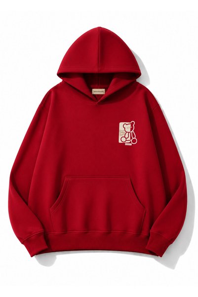 herkesemoda Honey Teddy Bear Printed Oversize Sweatshirt with Kangaroo Pocket