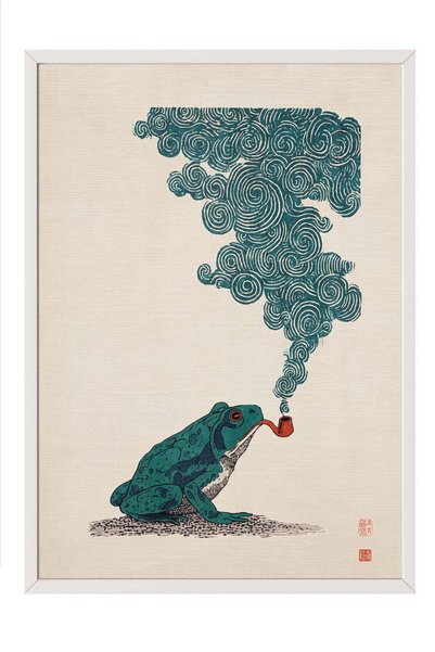 Postifull Poster cu broasca care fumează pipă – Tablou cu ramă albă NR. 180132